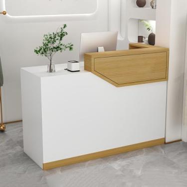 Imagem de Mesa de recepção moderna - balcão de caixa frontal com gaveta e armário com trava para escritório, salão de beleza, saguão - Design funcional e elegante para espaços de trabalho
