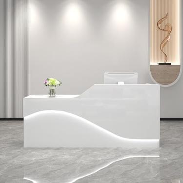 Imagem de Elegante balcão de recepção com veias brancas com gaveta bloqueável, bandeja de teclado e luz - ideal para salão, caixa ou escritório (140 x 49,8 x 99,8 cm)