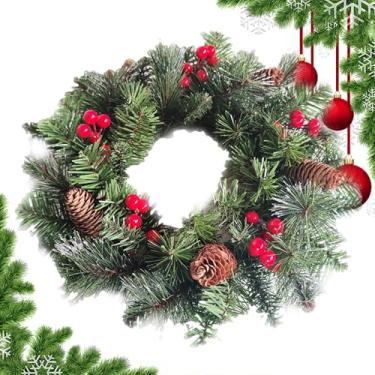 Imagem de Guirlanda de Natal para uso ao ar livre | Guirlandas de 40 cm para porta da frente de Natal com luzes, decoração externa de casa decorativa realista para armário de manto, janela, parede e lareira