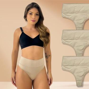 Imagem de Kit 3 Calcinhas Fio Duplo Feminina Cós Alto Modeladora Bege - Rupee Fo