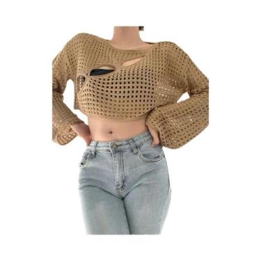 Imagem de Blusa Feminina Boho De Crochê Com Manga Longa, Top Curto De Verão Para