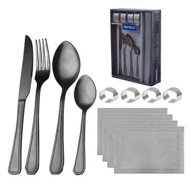 Imagem de Conjunto Faqueiro 24 Peças Lugar Americano Porta Guardanapo Victoria Black Fratelli Inox