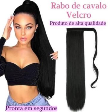 Imagem de Aplique Rabo De Cavalo Preto Liso Alto Colante Fibra Orgânica 70cm - W