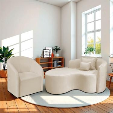 Imagem de Kit Recamier Curvo Sala De Estar Inglaterra 150cm Lado Esquerdo E Poltrona Orgânica Luxo Luiza Max Bouclé Bege