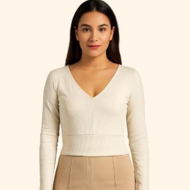 Imagem de Blusa Feminina Canelada Manga Longa Decote V Cintura Ajustada Gris- Cativa-Feminino