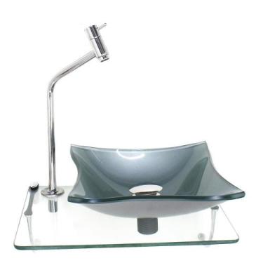 Imagem de Kit Cuba De Vidro Quadrada 10Mm Prata Com Tampo 40Cm Incolor - Cubas E