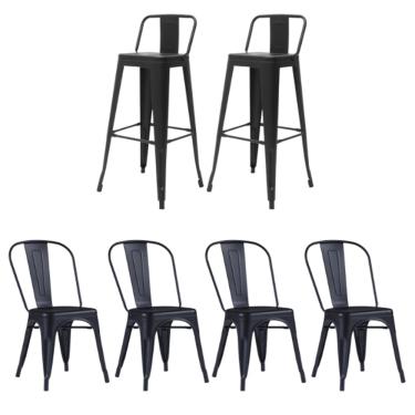 Imagem de Kit 4 Cadeiras e 2 Banquetas Iron Tolix com Encosto, Aço Carbono, Industrial, Empilháveis - Preto