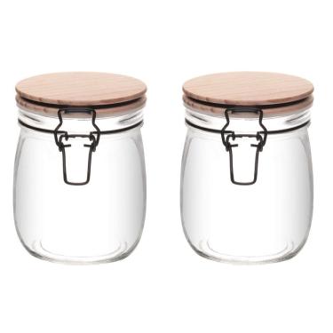 Imagem de Conjunto 02 Potes de Vidro com Tampa Hermética de Bambu 800ml Wolff