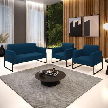 Imagem de Namoradeira E 2 Poltronas Industrial Alta Preto Marisa Bouclê Cor Azul