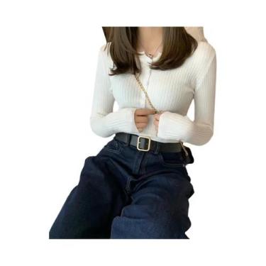 Imagem de Suéter Feminino Slim Fit De Tricô Com Gola Redonda, Pulôver Básico Com