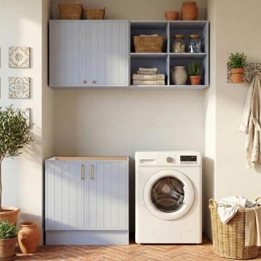 Imagem de Cozinha Modulada 3 Peças 1 Aéreo 1 Balcão sem Tampo 1 Nicho 80cm Marselha Cabecasa Madeiraoriginals Azul Sereno