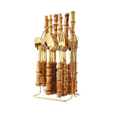 Imagem de Conjunto De Talheres De Aço Inoxidável Com Cabo De Bambu 24 Peças - Ta