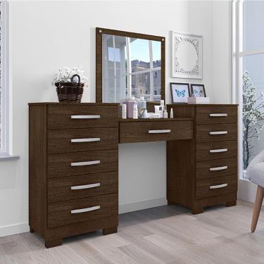 Imagem de Conjunto Cômoda e Penteadeira Pétala 5 Gavetas com Espelho em MDF Marrom para Quarto