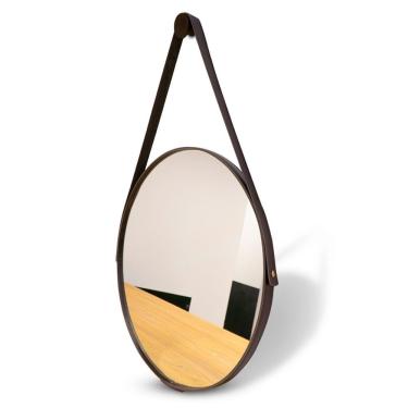 Imagem de Espelho Decorativo Espelho Adnet Couro Costurado com Alça Redondo 40cm Moldura em Couro...