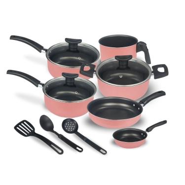 Imagem de Jogo de Panelas Kit 9 Peças Caçarola Frigideira Canecão Antiaderente Teflon 18cm 16cm 14cm Tampa Vidro Rosê OEM