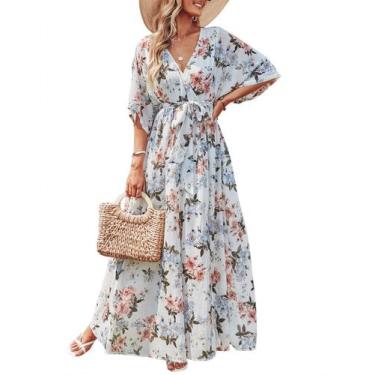 Imagem de Vestido Longo Envelope Floral ANRABESS com Decote V Branco Médio