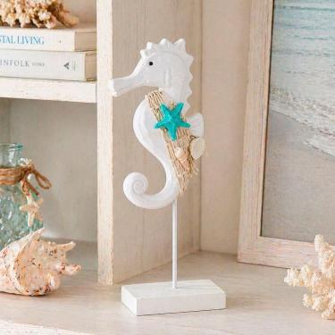 Imagem de Enfeite Decorativo Cavalo Marinho Madeira Estilo Praiano 30cm Branco