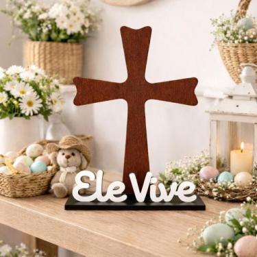 Imagem de Crucifixo Decorativo Ele Vive em MDF 25cm  Decoração Religiosa Cristã 