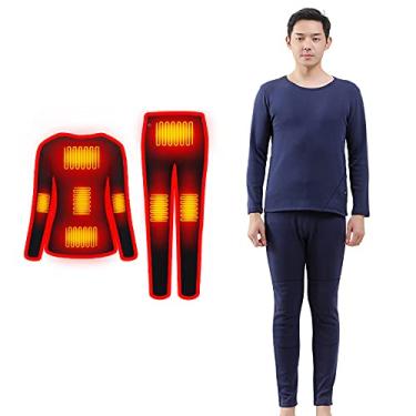 Imagem de Conjunto de roupa íntima térmica térmica, camisetas e calças aquecidas por USB para homens e mulheres forradas com lã para esportes de inverno ao ar livre, azul GGG