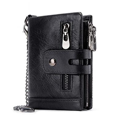 Imagem de Carteira masculina de couro, carteira com bloqueio de RFID, carteira com 3 dobras, carteira com zíper e caixa de presente, ótimo presente para homens - A
