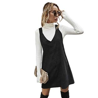 Imagem de Floerns Vestido feminino casual, gola V, evasê, veludo cotelê, Preto, G