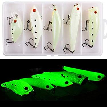 Imagem de Kit de iscas de pesca SILANON brilhante - 5 peças de iscas de pesca noturnas luminosas vibratórias com lápis curvos e argolas artificiais para pesca noturna com ganchos de agua