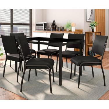 Imagem de Mesa de Jantar Retangular Fabone Alexa Tampo de Vidro 140x80cm com 6 Cadeiras Dora Revestidas em Courino
