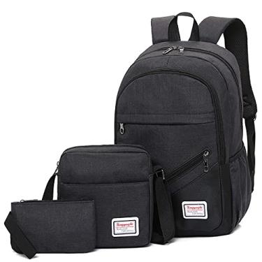 Imagem de Mochila de viagem para laptop 3 peças/conjunto feminino masculino nylon impermeável mochila de negócios para uso diário, mochila casual leve de trabalho, preta, 46 * 30 cm