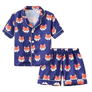 Imagem de Conjunto de pijama curto de cetim para meninos e meninas clássico de seda infantil 2 peças de roupa de dormir com botão de manga curta, Laranja, 3-4 Anos