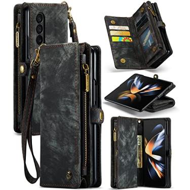 Imagem de Capa carteira Samsung Galaxy Z Fold 4 para mulheres, homens e meninas, durável, 2 em 1, couro premium destacável, PU, com 11 compartimentos para cartões, bolsa magnética com zíper, alça de alça de pulso (preto)