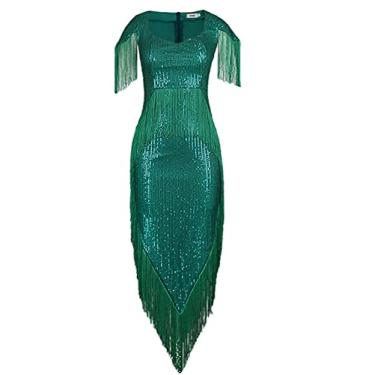 Imagem de Generic Mulheres Plus Size Vestido de Festa Cor Sólida V Pescoço Lantejoulas Manga Curta Primavera Outono Sexy Lantejoulas Prom Dress Maxi vestido longo Festa Vestido Diário/Sequin Dress,Green,M