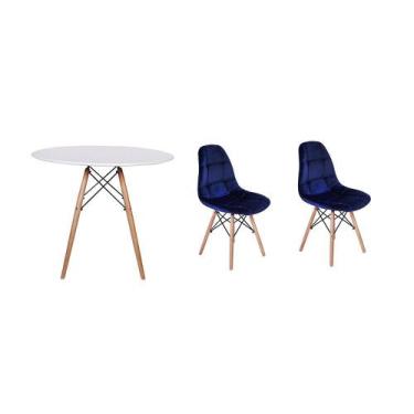Imagem de Kit Mesa Jantar Eiffel 80cm Branca + 02 Cadeiras Botonê Veludo - Azul