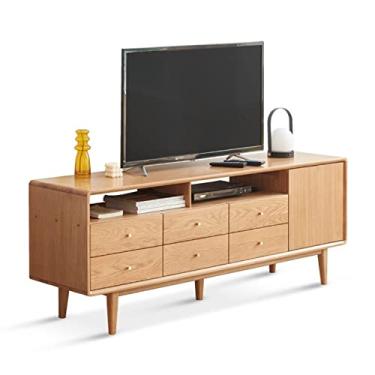 Imagem de WAOCEO Suporte de TV flutuante suporte de centro de entretenimento de TV de 61 cm de altura, armário de armazenamento de carvalho moderno com gavetas e prateleiras abertas, cômoda com alças de latão