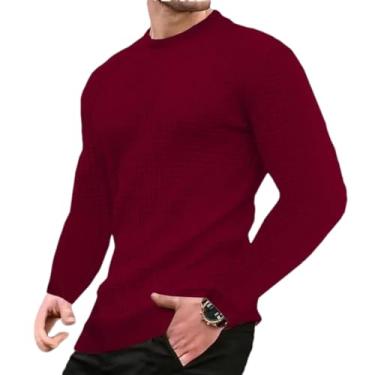 Imagem de KANG POWER Suéter masculino de algodão com gola redonda slim fit casual de malha camiseta masculina de manga longa, Borgonha, Medium