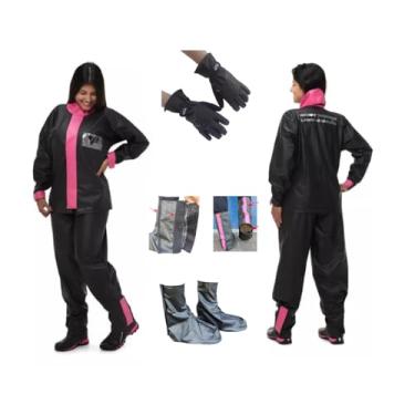 Imagem de Kit Capa de Chuva PVC Pantaneiro Feminina Motoqueiro G + Polaina + Luva Impermeável M