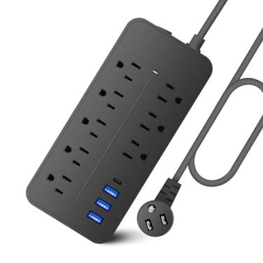 Imagem de CIADAZ Protetor contra surtos 12 em 1 Power Strip Cabo de extensão Plugue plano Power Strip com cabo longo 8 tomadas e 3 USB e 1 porta USB-C 1700J Wall Mount Desk Power Strip para home office