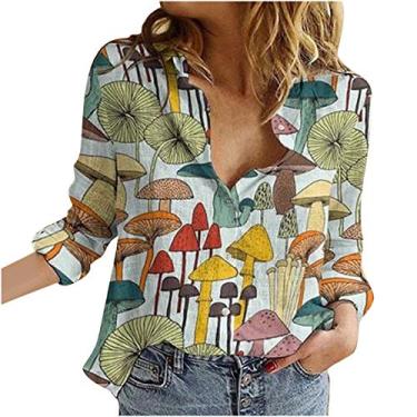 Imagem de Cardigã feminino simples camiseta longa de ajuste solto para mulheres camisas de linho de gola alta outono inverno 2024 na moda Y2K, Q-713 multicolorido, M