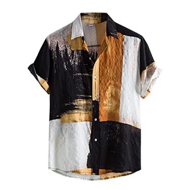 Imagem de ZHONKUI Camisa masculina casual elegante de algodão enrugado patchwork tie dye manga curta abotoada sem bolso, Amarelo, GG