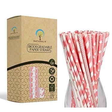 Imagem de Naturalik Pacote com 100 canudos de papel biodegradáveis rosa claro - Canudos de papel rosa claro extra duráveis - Decorações de chá de bebê para meninas, comemorações de aniversário, suprimentos de festa de revelação de gênero, canudos para beber