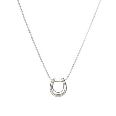 Imagem de JczR.Y Colar de ferradura para mulheres colar de ferradura de aço inoxidável colar dourado em forma de U pingente redondo corrente de cobra colar moda joias, Aço inoxidável, Sem Pedra Preciosa