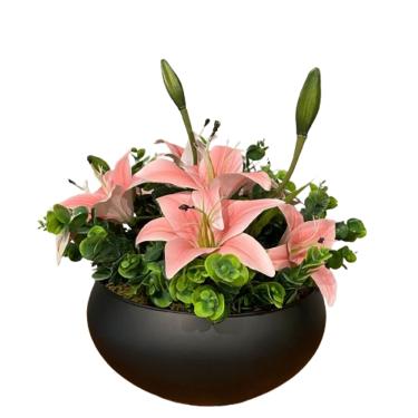 Imagem de Arranjo Grande Centro de Mesa Lírio Rosa Artificial Vaso Preto