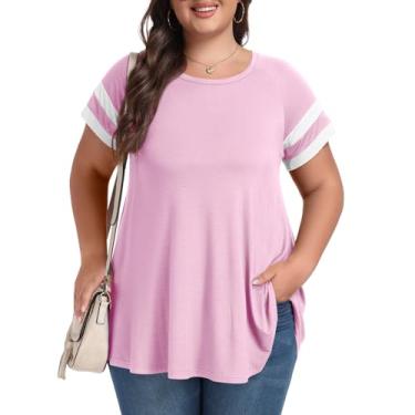 Imagem de LARACE Camiseta feminina plus size túnica básica de verão manga curta casual gola redonda, Rosa/branco, 6X