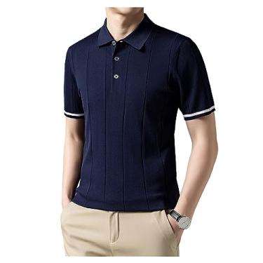 Imagem de Camisa polo masculina de seda gelo lapela manga curta botão malha camiseta absorção de umidade, Azul-escuro, XXG