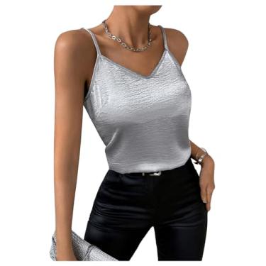 Imagem de MakeMeChic Camiseta feminina de verão com decote em V metálico, sem mangas, alças finas, Prata, PP