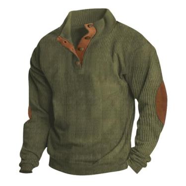 Imagem de Pulôver masculino de veludo cotelê com cotovelo remendado, camisa Henley com botão de manga comprida, gola simulada vintage, top externo (Color : Army green, 32-33, 3435, 36-37, 38-39, 40-41, 4