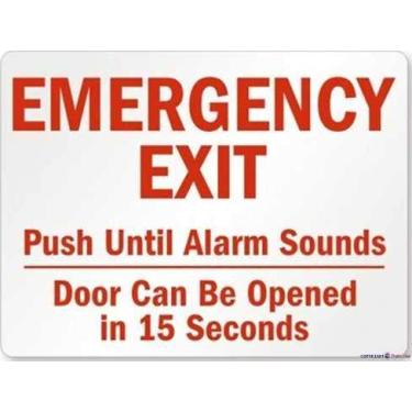 Imagem de Placa de metal de estanho/saída de emergência – empurre até sons de alarme, porta pode ser aberta em 15 segundos sinal de rua | Sinal decorativo de segurança externa 20 x 30 cm