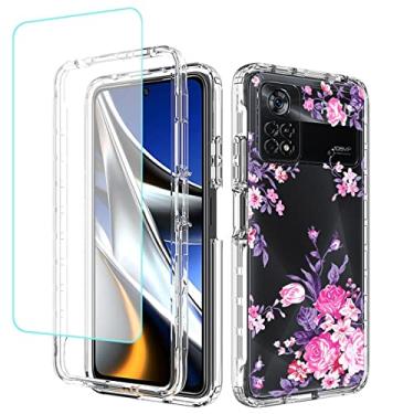 Imagem de sidande Capa para Poco X4 Pro 5G, capa 2201116PG com película de vidro temperado, capa protetora fina de TPU floral transparente para celular para Xiaomi Poco X4 Pro 5G (flor rosa)