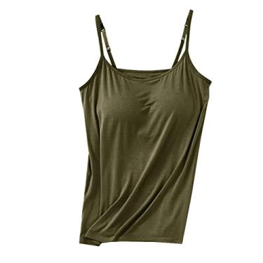 Imagem de Camiseta feminina com sutiã embutido básico de algodão sólido e alças finas ajustáveis com sutiã de prateleira, Verde, P
