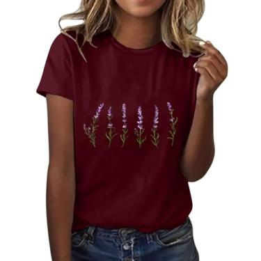 Imagem de Camiseta feminina com estampa floral, manga curta, gola redonda, caimento solto, casual, roupa de treino de verão, Z1-Vinho, G