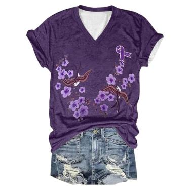 Imagem de PKDong Camisetas femininas de conscientização de Alzheimer estampadas florais flores roxas camisetas com gola V camisetas de verão modernas, Roxa, XXG